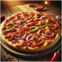 Tomatensaus, mozarella, kipdöner, champignons, paprika, ui