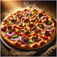 Tomatensaus, mozarella, shoarma, champignons, paprika, ui