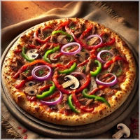 Tomatensaus, mozarella, döner, champignons, paprika, ui