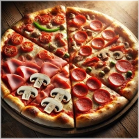 Tomatensaus, mozarella, ham, salami, champignons, paprika