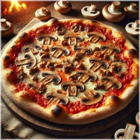 Tomatensaus, mozarella, champignons